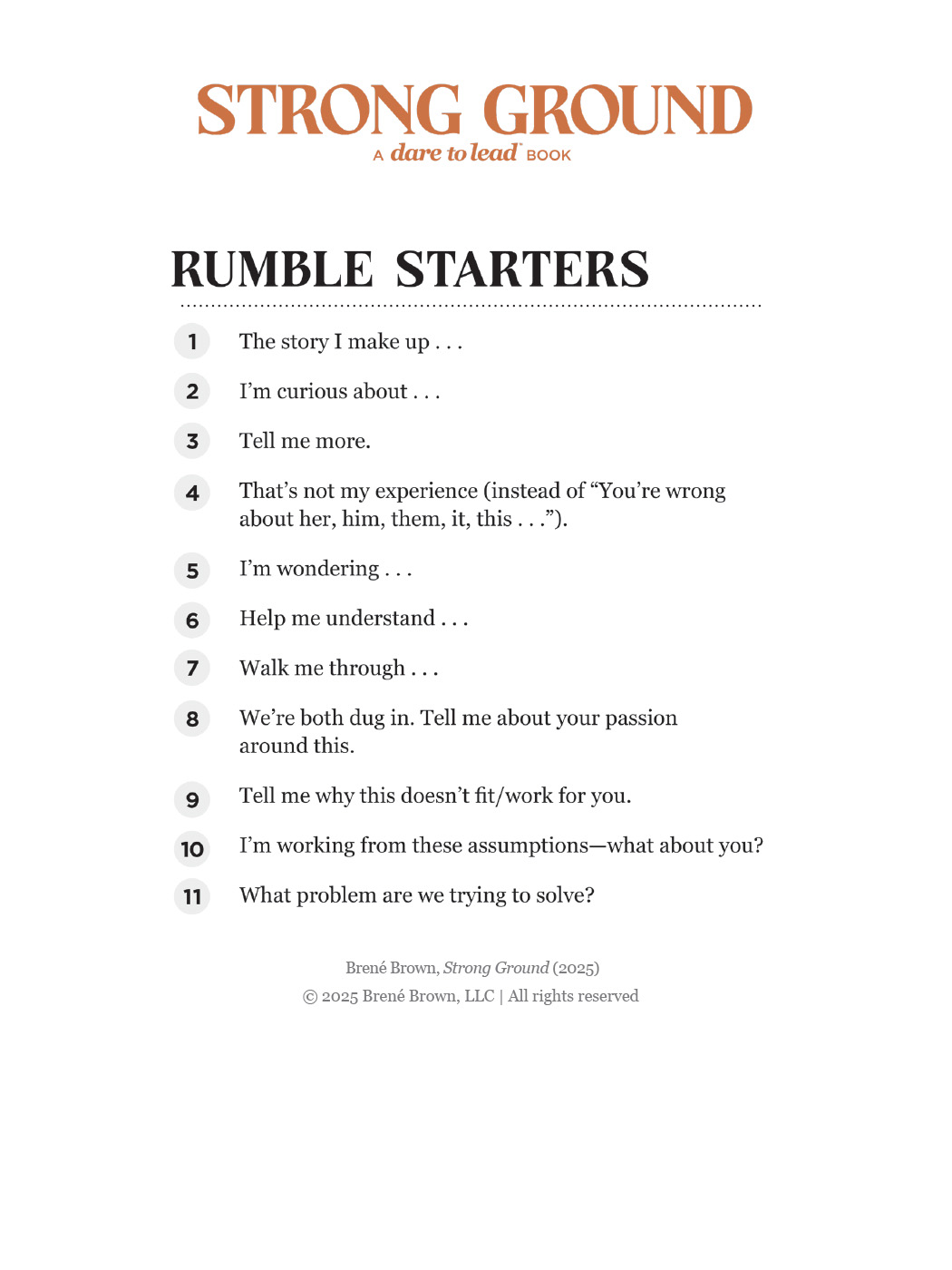 Rumble Starters from Brené Brown's Dare to Lead and Strong Ground research